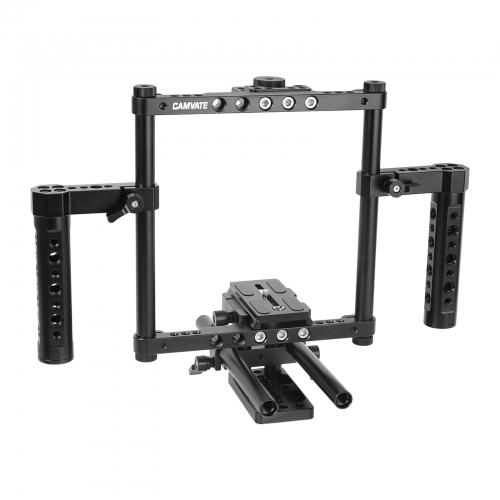 CAMVATE Hand-held Cage Kit With Quick Release Manfrotto Baseplate & Adjustable 15mm Dual Rod Support For DSLRs With Battery Grip